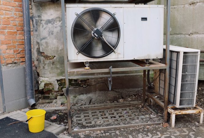 Air conditioner unit near wall of modern building on street